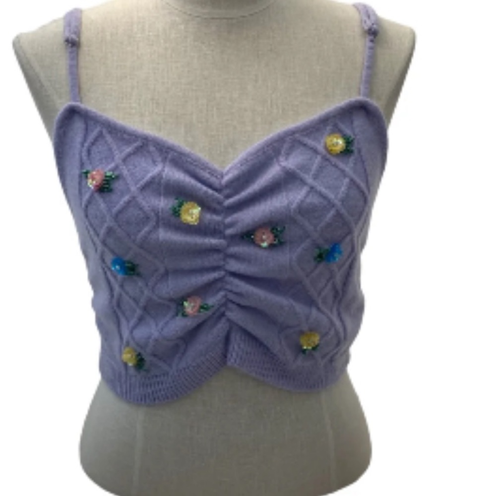 For Love And Lemons Purple Knit With Sequin Flowers Cropped Tank Top